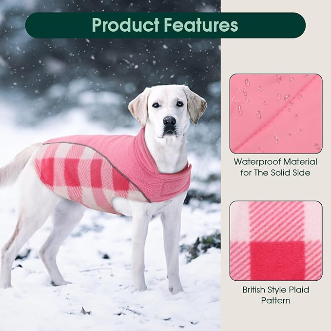 Kuoser Dog Winter Coat, Reversible Waterproof Dog Jacket with Reflective Strip, Warm Dogs Fleece Vest Adjustable Doggy Cold Weather Clothes Plaid Christmas Outfit Pet Apparel for Small Dogs, Pink S