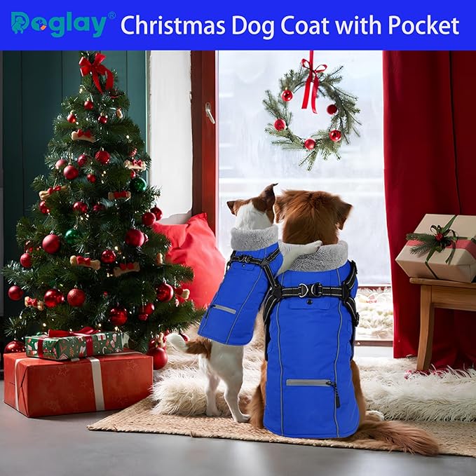 Doglay 2 in 1 Dog Coat with Harness Built-in, Waterproof Dog Winter Jacket with Pocket & Poop Bags, Reflective Adjustable Pet Winter Coat for Small, Medium, Large Dogs