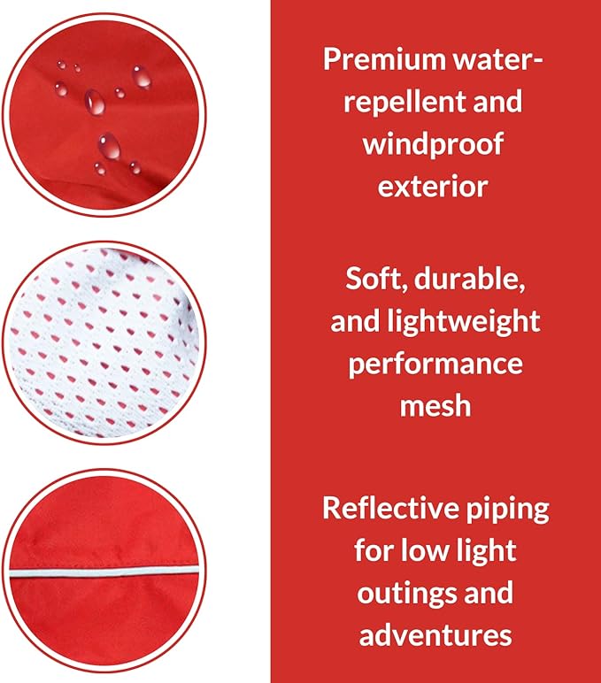 DJANGO Dog Jacket & Raincoat – Lightweight Water-Resistant Coat for Small, Medium & Long Dogs Like Dachshunds – Reflective, Adjustable Fit, Harness-Compatible & Easy-Access Harness Hole - Red, Small