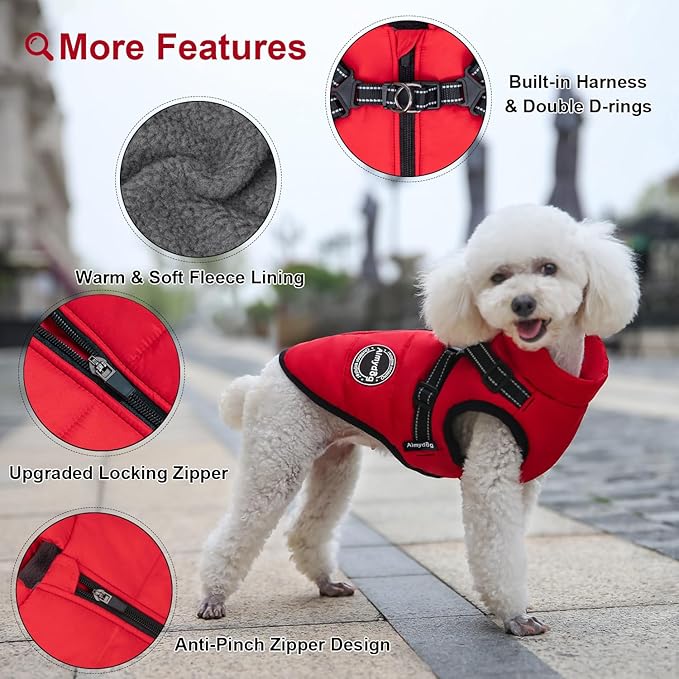 Warm Winter Coat, Fashion Sports Cold Weather Jacket With Built-in Harness, Reflective & Adjustable Comfortable Pet Vest, Waterproof Windproof Apparel for Small Dogs (Red)