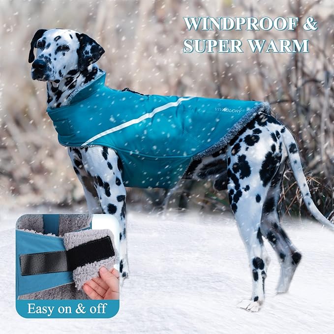 VIVAGLORY Snowrap Dog Coat, Jacket with Harness Hole & Velcro Closure, Dog Coat for Winter & Cold Weather, Fluffy Warm Fleece Lined Reflective Water Resistant for Puppy, XL, Turquoise