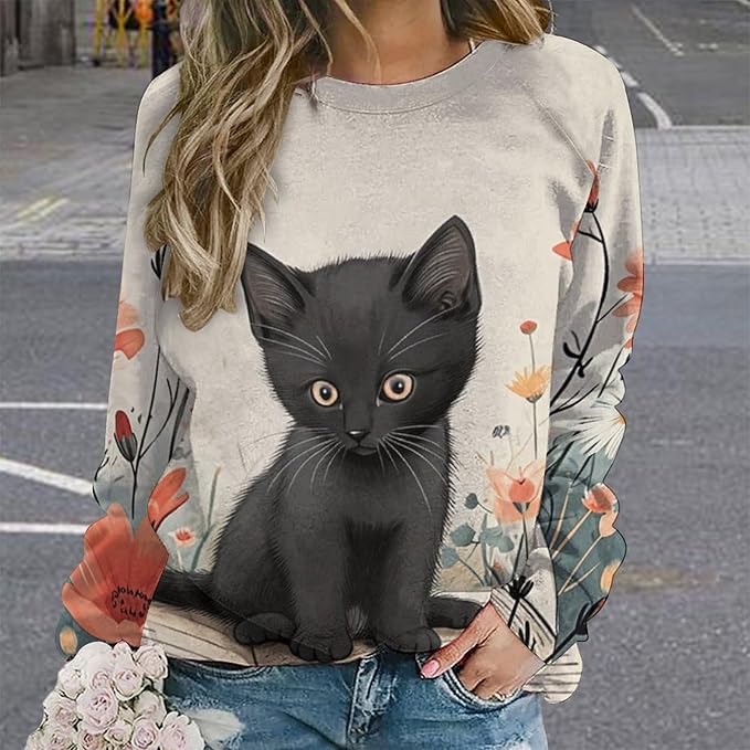 Long Sleeve Shirts for Women Cat Oil Painting Shirt 3D Graphic Sweatshirts Fall Pullover Crewneck Vintage Boho Tops