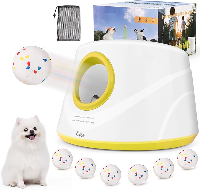 HETOO Automatic Ball Launcher for Dogs: Ball Launcher for Dogs - Automatic Tennis Ball Thrower for Dogs, with 6 Balls- Interactive Dog Toys - Small/Medium Sized Launcher- Yellow
