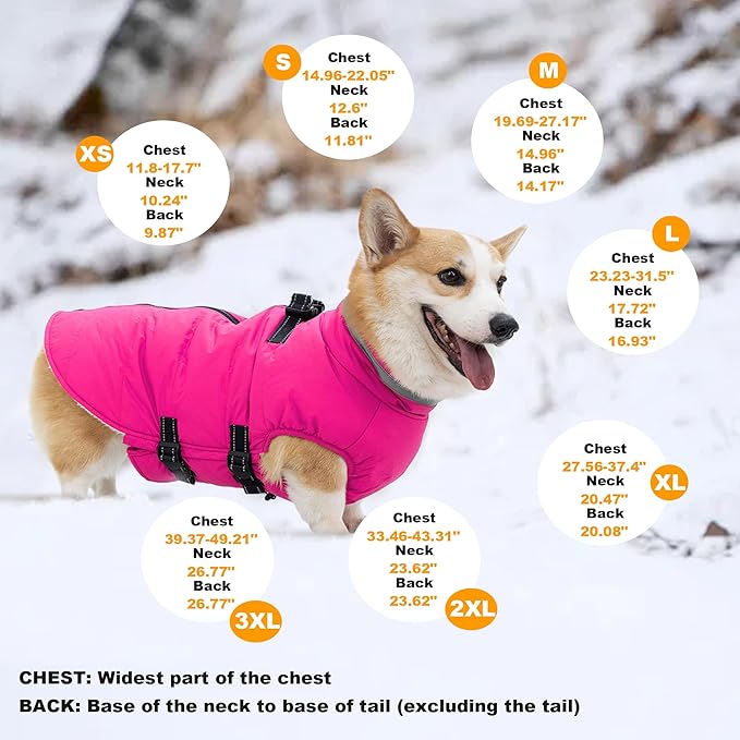 Large Dog Coat with Harness Built-in, Waterproof Reflective Fleece Lined - Warm Windproof Winter Jacket with Back Zipper, Cold Weather Snow Dog Coats - Pink - 3XL