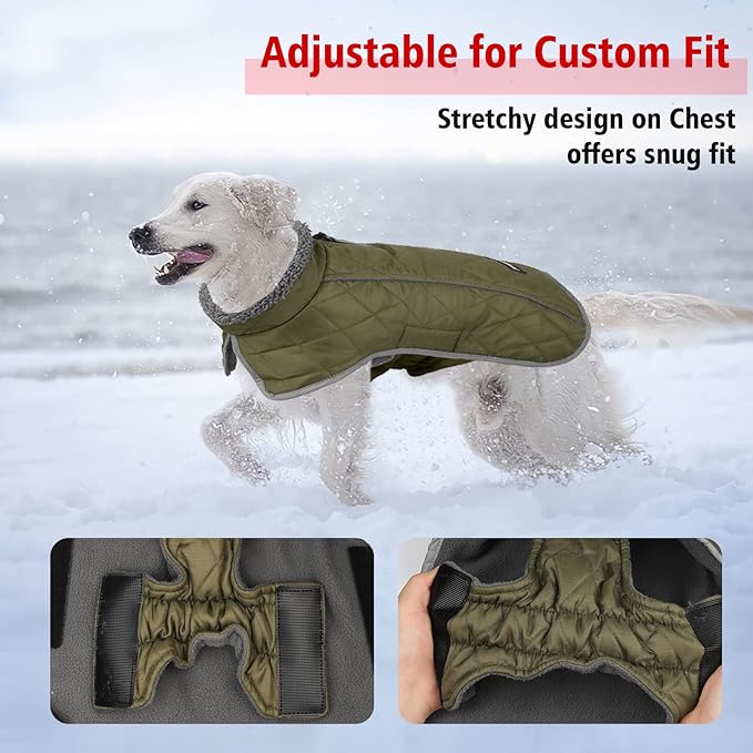 Fragralley Dog Coat Large, Waterproof Dog Jacket with Warm Fleece Lining, Adjustable Reflective Dogs Winter Coat, Turtleneck Pet Coats for Cold Weather (ArmyGreen L)