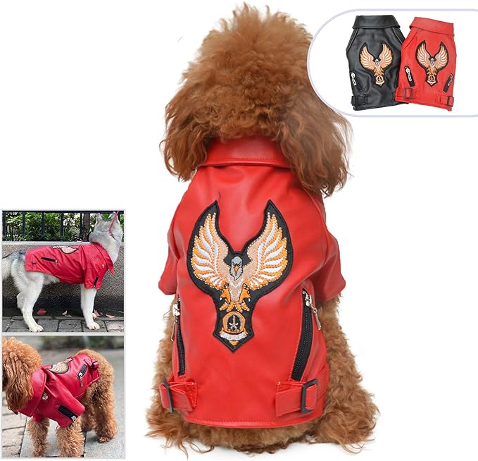 Lovelonglong Cool Dog Leather Jacket, Warm Coats Dogs Windproof Cold Weather Coats for Large Medium Small Dogs with Eagle Embroidery Red XXL