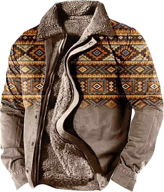 LOAIHA Men's Western Aztec Vintage Print Sherpa Fleece Lined Jackets Casual Zipper Winter Warm Jacket Coats