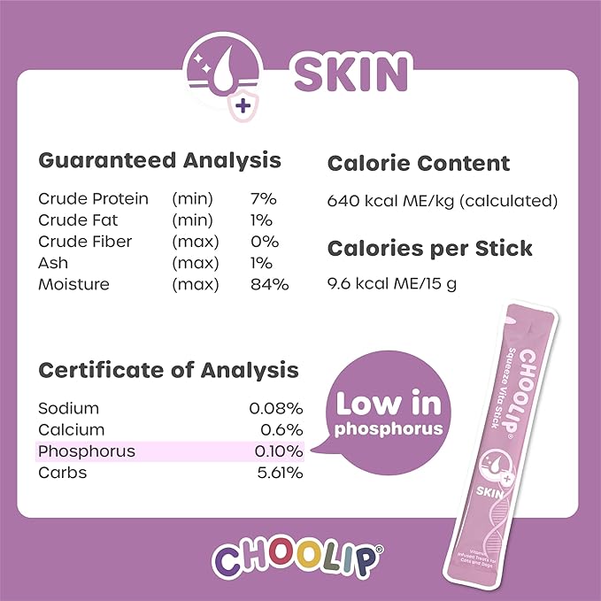 Choolip Squeeze Vita Stick Lickable Cat Treats & Dog Puree – 49-Count Skin & Coat Support Tubes, Creamy Grain-Free High-Protein Puree with Omega 3, Biotin & Vitamins for Healthy Fur & Skin