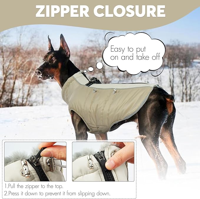 IDOMIK Warm Dog Coat with Harness, Waterproof Reflective Dog Jackets for Small Medium Large Dogs, Fleece High Collar Winter Jacket with Zipper, Pet Winter Snowsuit Clothes for Cold Weather,Khaki XL