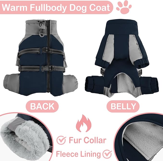 KOESON Four Legged Winter Dog Jacket with Adjustable Buckles, Turtleneck Windproof Fleece Jacket, Reflective Fullbody Puffer Coat Blue Grey XL