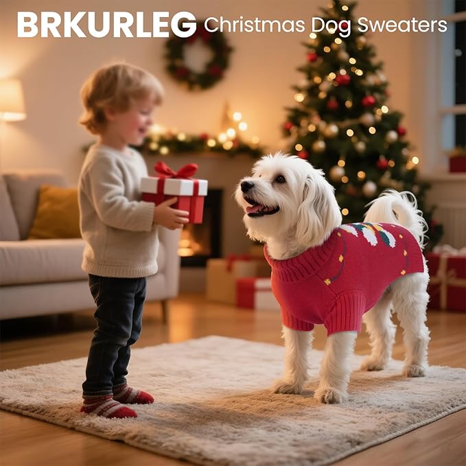 BRKURLEG Christmas Dog Sweaters for Cold Weather, Soft Warm Turtleneck Sweaters for Medium Large Dogs, Xmas New Year Pet Knitted Sweatshirt Outfit for Boston Terrier, Beagle (Red, L)