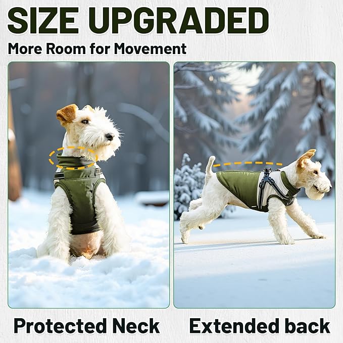 Dog Winter Coat for Small & Medium Dogs (Up to 31lb), Waterproof Dog Coat with Harness, Puppies Windproof Puppy Puffer Jacket, Snowsuit for Dachshund,Frenchie, Corgi (Classic Green, XLarge)