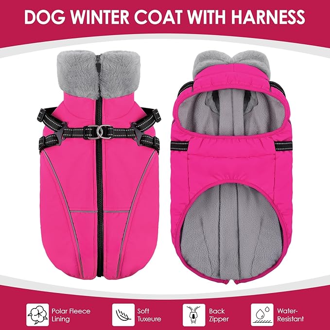 AOFITEE Dog Coat for Large Dogs, Waterproof Dog Jacket Winter with Harness Built in, Warm Fleece Pet Puffer Jacket with Zipper, Cold Weather Coats for Dogs, Reflective Pet Snowsuit, Pink XXL