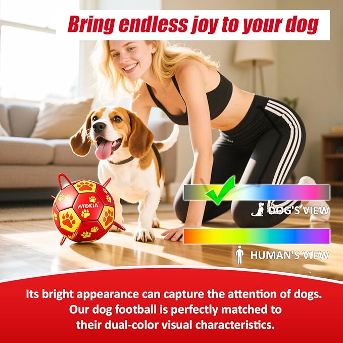 Size 3 Interactive Dog Soccer Ball with Strap, Red & Yellow, Eye-Catching Paw Prints Design, Ideal Outdoor Training Pet Toy, Perfect Choice for Medium & Large Dogs' Playtime