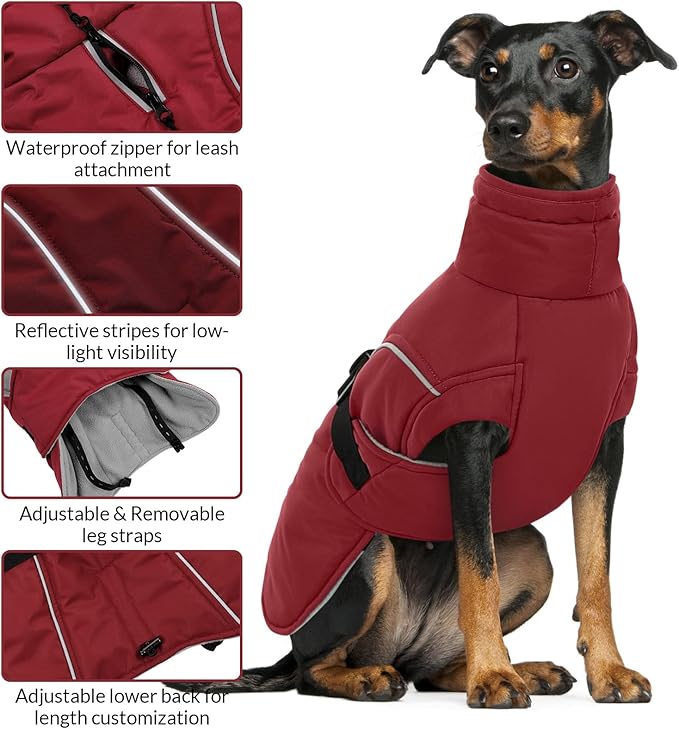 Queenmore Large Coat, Winter Jacket, Waterproof Puffy Snowsuit for Dogs - Adjustable Reflective Fleece Lining Warm Padding Parka for Cold Weather, Red L