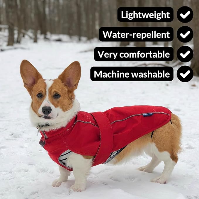 DJANGO Dog Jacket & Raincoat – Lightweight Water-Resistant Coat for Small, Medium & Long Dogs Like Dachshunds – Reflective, Adjustable Fit, Harness-Compatible & Easy-Access Harness Hole - Black, Large