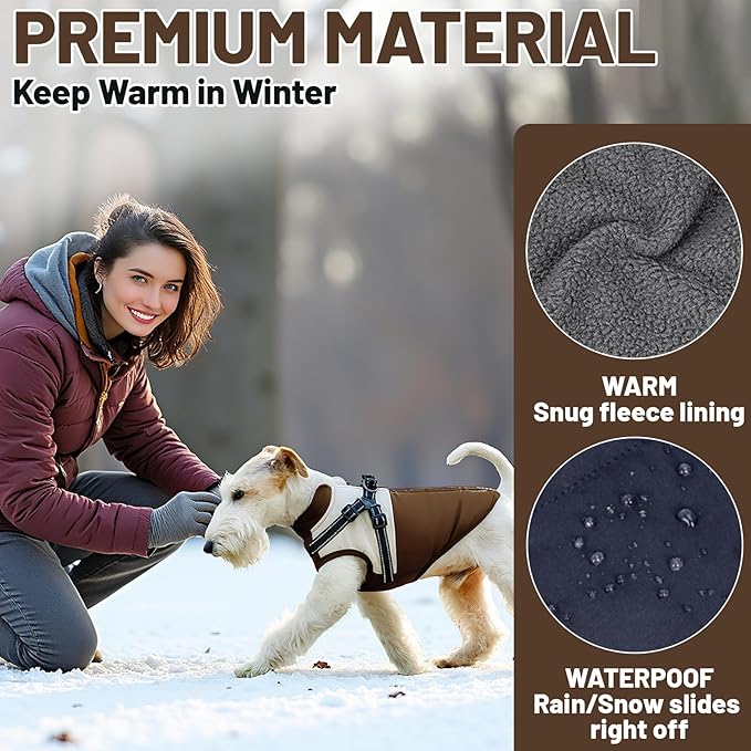 Dog Winter Coat for Small & Medium Dogs (Up to 31lb), Waterproof Dog Coat with Harness, Puppies Windproof Puppy Puffer Jacket, Snowsuit for Dachshund,Frenchie, Corgi (Classic Brown, Large)