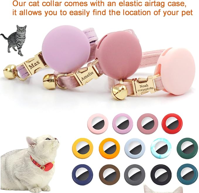 Personalized Cat Collars with Bells Custom Cat Collar with Name Tag Cute Soft Small Cat Collar for Boy and Girl Cats Kitten (Water Pink)
