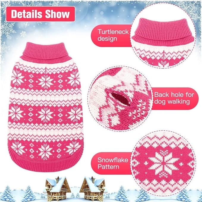 KOOLTAIL Cable Knit Dog Sweater Turtleneck, Cold Weather Pullover Classic Knitwear, Snowflake Pattern Thick Warm Winter Pet Clothes, Dog Christmas Sweater for Small Medium Large Dogs Girl,Pink ML