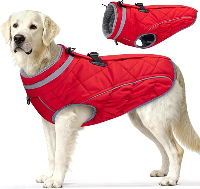 Dog Coat, Warm Dog Winter Coat for Large Dogs, Waterproof Jacket with Harness Built in, Reflective Turtleneck Cold Weather Coats with Zipper,Pet Fleece Vest Snow Jacket, Red XL