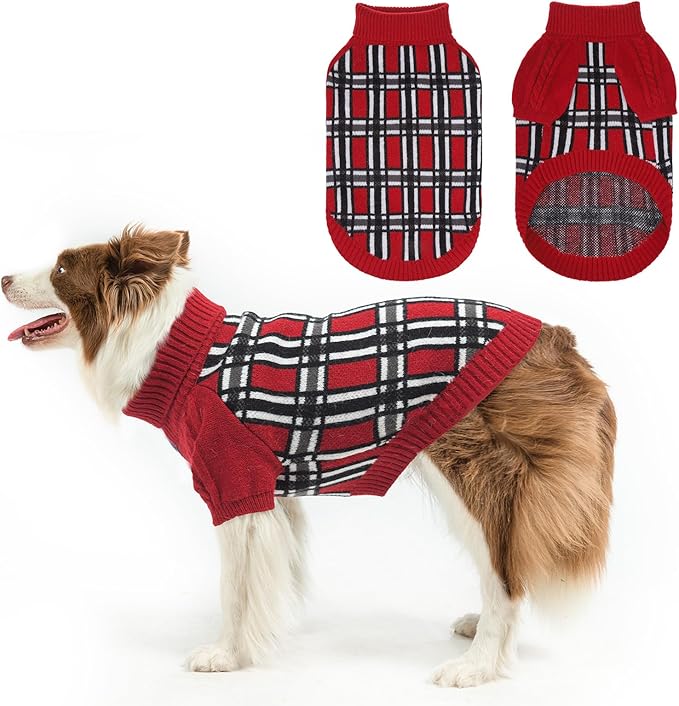 SCENEREAL Turtleneck Dog Sweater for Small Medium Large Dogs Girls Boys, Christmas Plaid Pullover Puppy Sweatershirt, Dogs Cold Weather Outfit Clothes, Ideal Gift for Pet in New Year, Red Plaid L