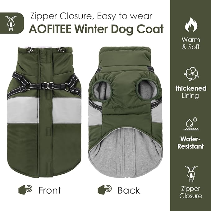 AOFITEE Dog Coat, Large Dog Jacket, Dogs Coat with Harness Built in, Reflective Waterproof Dogs Jackets Winter with Furry Collar, Warm Polar Fleece Pet Sweater Snowsuit for Doberman, Great Dane XXXL