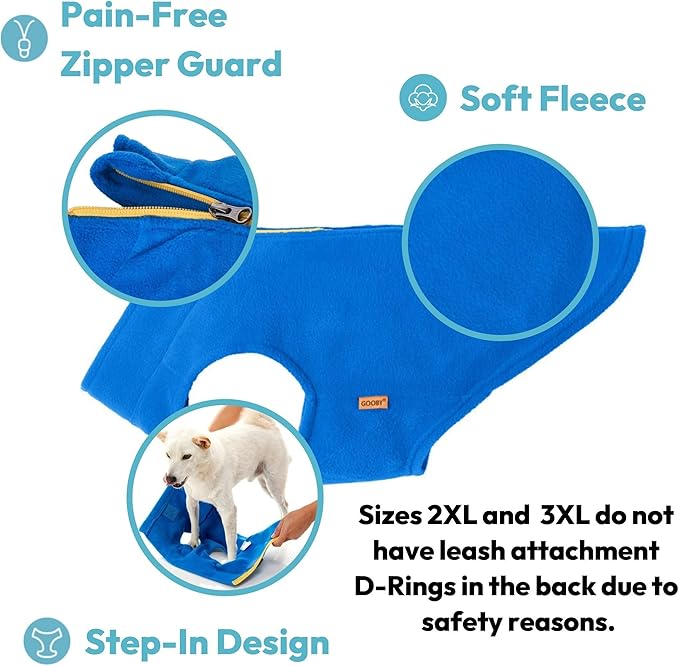 Gooby Zip Up Fleece Dog Sweater - Blue, 3X-Large - Warm Pullover Fleece Step-in Dog Jacket with Dual D Ring Leash for Small to Medium Dogs