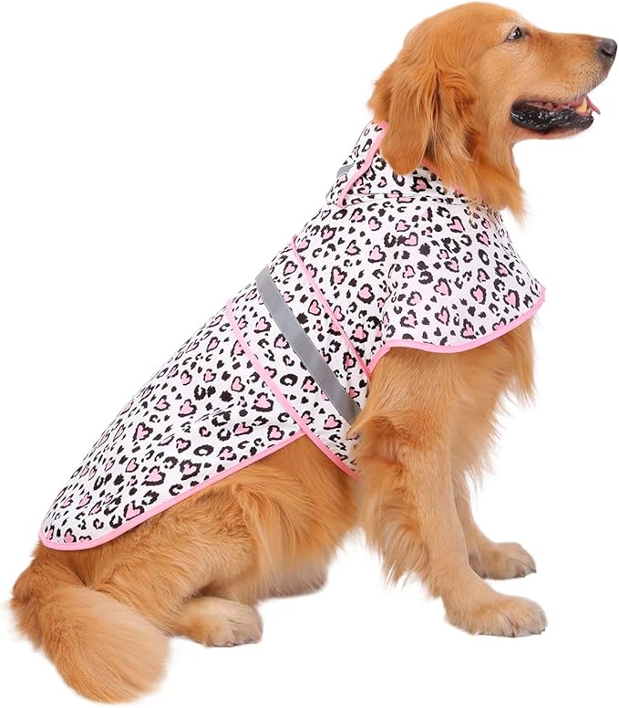HDE Dog Raincoat Jacket Reflective Adjustable Hooded Pet Poncho Rain Coat with Leash Hole for Small to X-Large Dogs Leopard Hearts - L