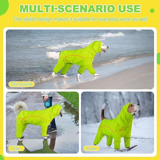 Dog Raincoat, Waterproof Dog Rain Jacket with Removable Hood，Adjustable 4 Legs Pet Poncho with Leash Hole，Reflective Stripe Hooded Snowproof Windproof Clothes for Small to 3X-Large Dogs, S