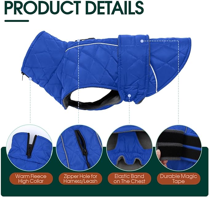 Kuoser Dog Coat, Extra Warm Dog Jacket Windproof Dogs Cold Weather Coats for Large Dogs, Fleece Lining Turtleneck Puppy Snowsuit Reflective Adjustable Pet Winter Clothes Christmas, Blue L