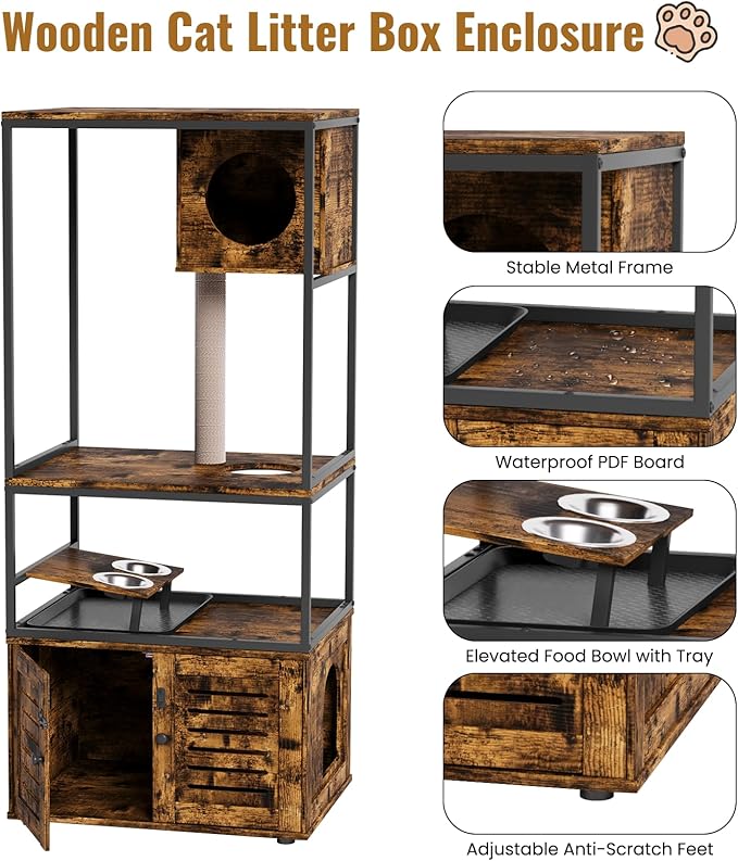 Lamerge Cat Tree with Litter Box Enclosure, All-in-1 Large Cat Litter Box Enclosure, Cat Condo with Scratching Posts and Cat Feeding Bowl, Rustic Brown