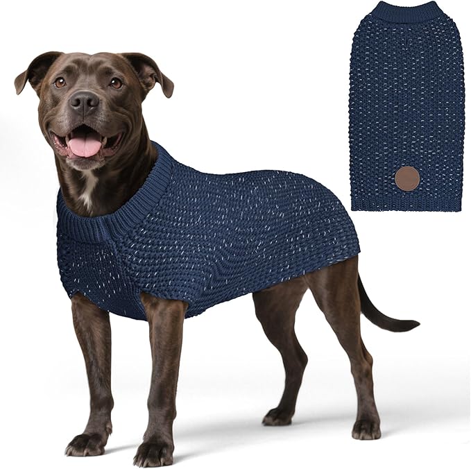 KYEESE Dog Sweater with Leash Hole Comfy Pullover Sweater Medium Size Male with Reflective Yarn Warm Pet Coats Stretchy Cozy Lightweight Thick Knitwear Dog Clothes, Navyblue, X-Large