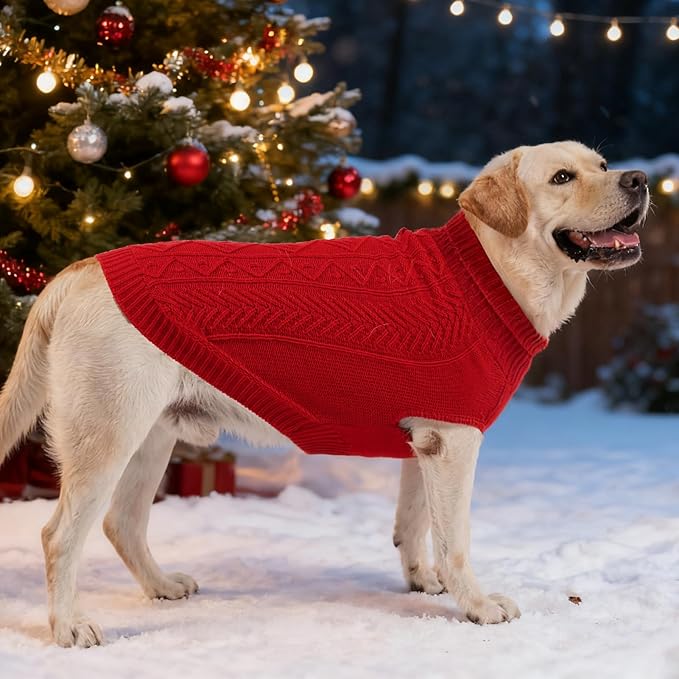 PUPTECK Dog Sweater, Turtleneck Warm Knitted Pullover Coat, Thick Cable Knitwear Clothes in Winter, Pet Apparel Outfits for Large Dogs, for Cold Weather Indoor & Outdoor, Red XL