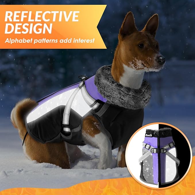 SlowTon Dog Jacket with Harness Built in - Waterproof Fleece Winter Warm Dog Coats for Small Medium Dogs, Reflective Adjustable Furry Puppy Vest Clothes for Outdoor Walking (Purple & Grey, M)