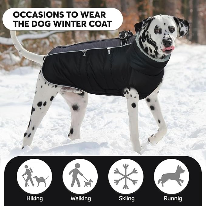 IDOMIK Warm Dog Coat with Harness, Waterproof Reflective Dog Jackets for Small Medium Large Dogs, Fleece High Collar Winter Jacket with Zipper, Pet Winter Snowsuit Clothes for Cold Weather,Black XL