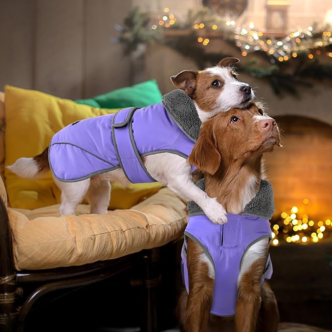 Dogcheer Dog Coat, Waterproof Dog Jacket Reflective Pet Winter Coat with Adjustable Hook & Loop, Christmas Puppy Fleece Jacket Warm Turtleneck Snowsuit for Small Medium Large Dogs - Taro Purple, XL