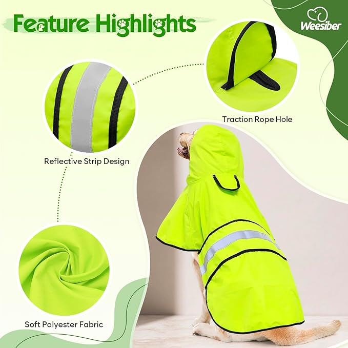 Weesiber Dog Raincoat, Waterproof Dog Rain Jacket with Leash Hole, Reflective Puppy Rainwear Hooded Pet Poncho Slicker for Walking (L, Green)