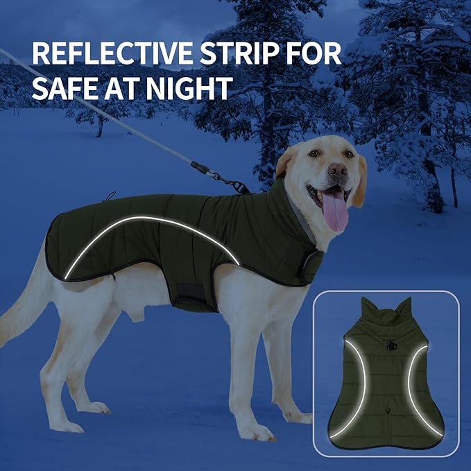 HEYWEAN Dog Winter Coat - Waterproof Windproof Reflective Vest for Medium & Large Breeds Adjustable Warm FleeceLined Jacket with Magic Tape & D-Ring for Leash Cold Weather Apparel (Green, Large)