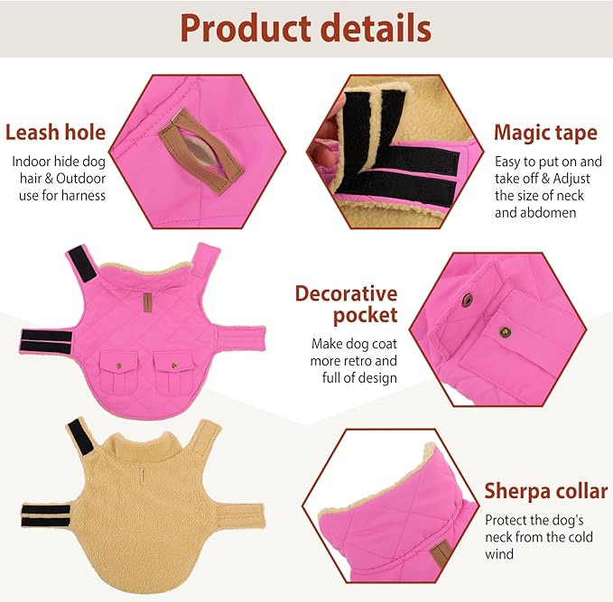 Winter Coat for Small Dogs, Puppy Plaid Jacket, Cotton Coat for Cold Weather, Windproof Warm Dog Garments, Pet Thickened Outfits Indoor Outdoor, Pink S