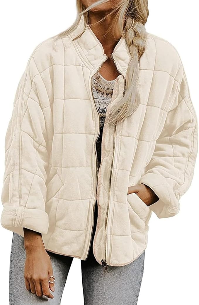 LIZALIG Warm Padded Coat for Women Full Zip Quilted Jackets Winter Oversized Causal Solid Color Stand Collar Pockets Coat