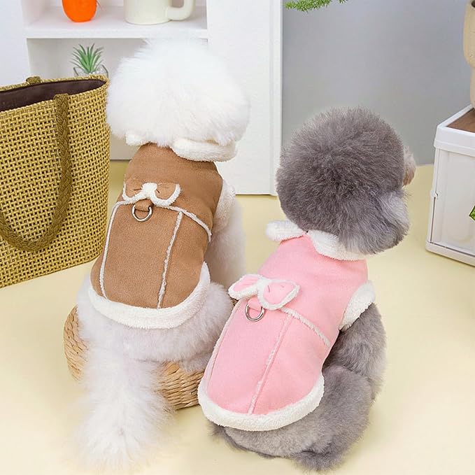 Jecikelon Bowtie Dog Cold Weather Coat Fleece Lining Warm Pet Puppy Turtleneck Dogs Winter Coats for Small Dogs Jacket with D-Ring Leash (Large, Khaki)