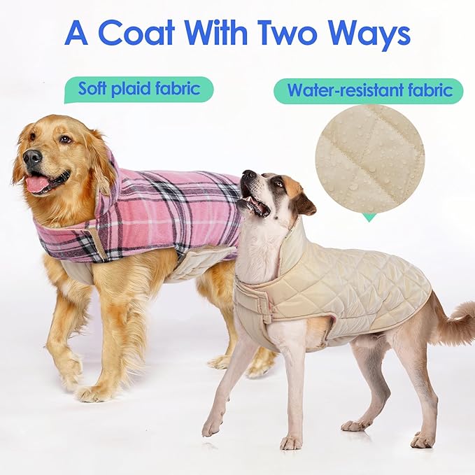 MIGOHI Reversible Dog Coat, Windproof Waterproof Winter Jacket, British Style Plaid, Warm Dog Vest for Small Medium Large Dogs, Pink, M