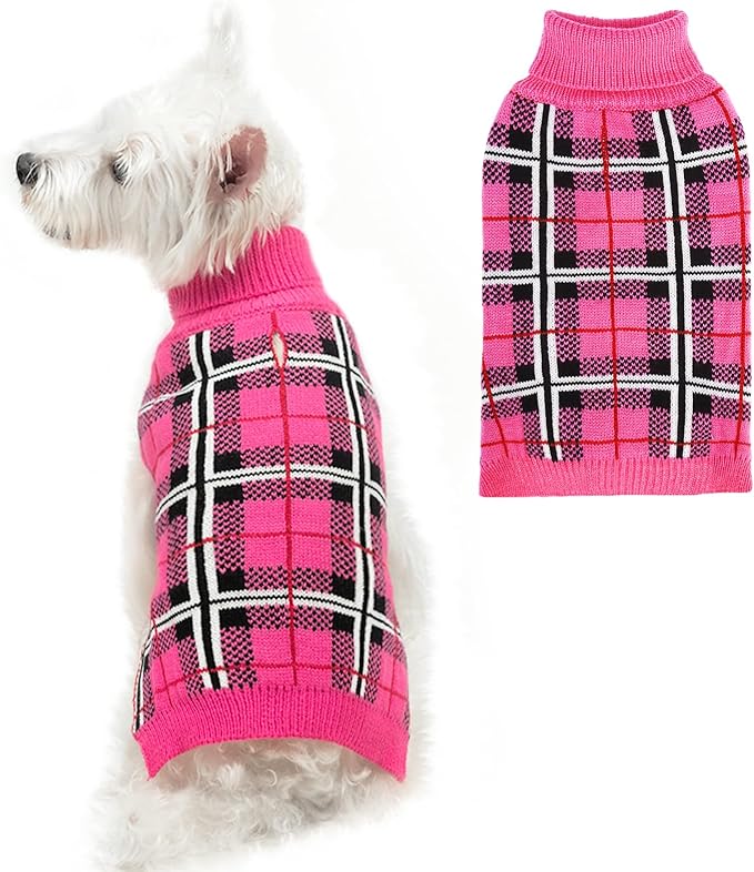 PUPTECK Dog Sweaters for Large Medium Small Dogs - Fall Classic Plaid Style Puppy Holiday Winter Coat Clothes Warm, Fuschia, S