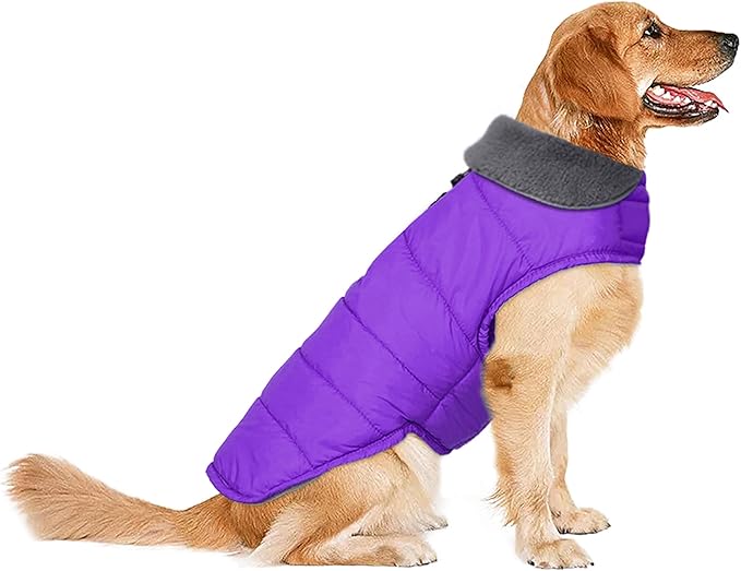 Dog Winter Coat, Waterproof Dog Jacket with Leash Hole, Reflective Adjustable Pet Snow Vest, Warm Fleece Sweater for Small Medium Large Dogs - Purple, L