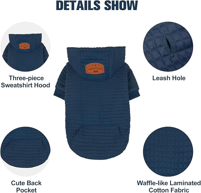 BEAUTYZOO Small Dog Hoodie Sweater with Pockets, Dog Clothes for Small Medium Dogs Boy Girl, Waffle-Like Laminated Cotton Pet Coats with Hat and Leash Hole, Navy Blue L
