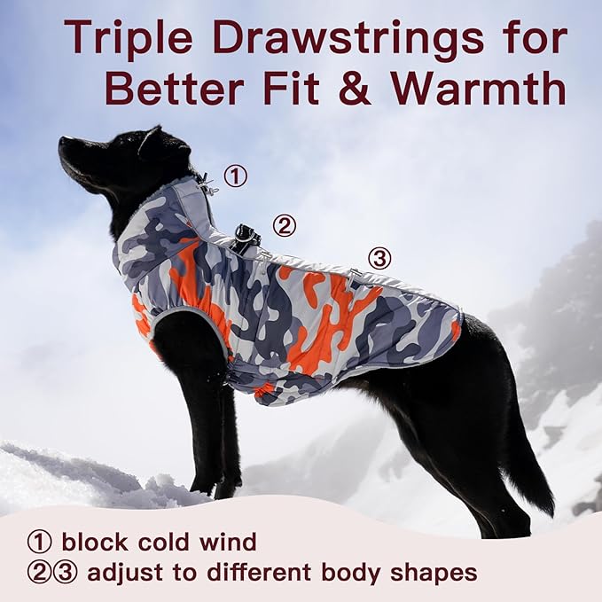 Dog Coat for Large Dogs, Dog Winter Jacket-X Large Warm Dog Coat with Harness Reflective Dog Vest Water-Resistant Dog Snowsuit Dog Snow Jacket for Large Dogs Beagle, Corgi, Orange-Camouflage