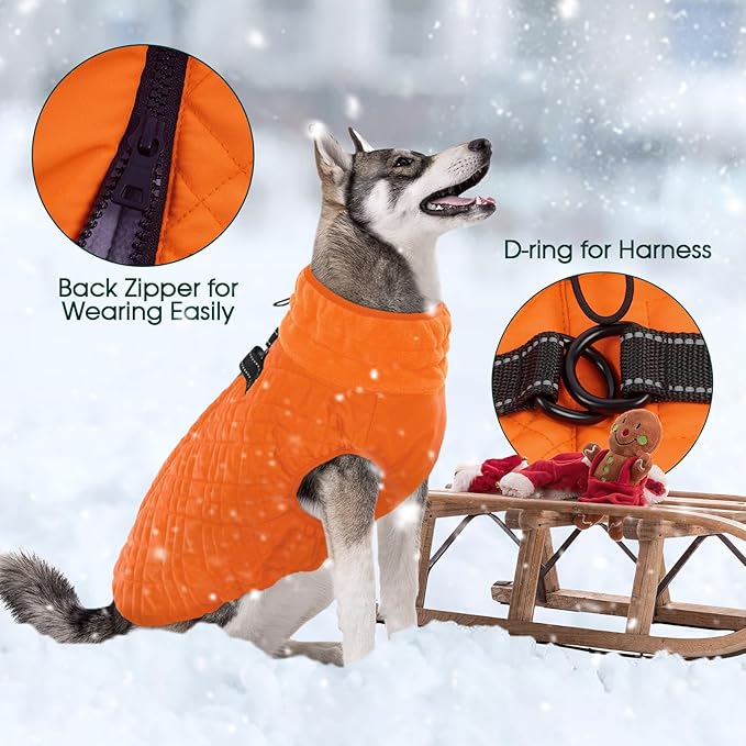 Kuoser Medium Dog Coat | All-Breed Thermal Wear with Windproof Layer | Reflective Tabs Enhance Visibility in Snow, Snap Buckles Simplify Dressing, Orange L