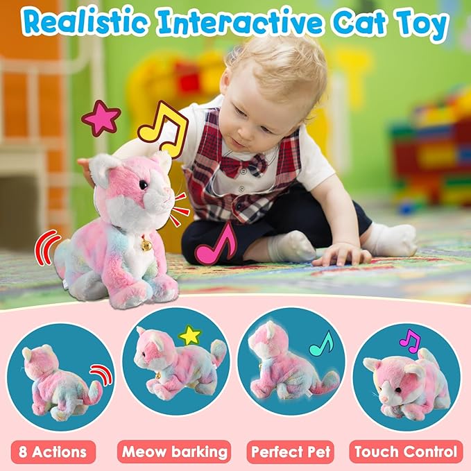 Colorful Robot Kitty Plush Toy, Interactive Meow Kitten, Electronic Pet, Animated Toy Cats for Girls & Kids, L:12"