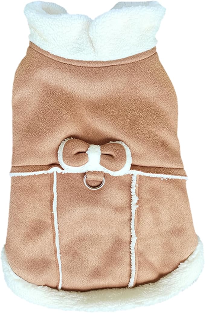 Jecikelon Bowtie Dog Cold Weather Coat Fleece Lining Warm Pet Puppy Turtleneck Dogs Winter Coats for Small Dogs Jacket with D-Ring Leash (Medium, Khaki)