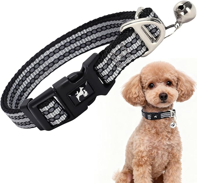 Reflective Dog Collar with Bell, Hypoallergenic Adjustable Puppy Collar for Small Dogs & Cats, Soft Nylon Night Walking with Safety Reflectors (Silver S)